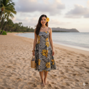 A smiling woman standing on a sandy beach at sunset wearing a grey and yellow All Over Tropical Flowers & Leaves Polyester Fabric midi dress with a yellow flower in her hair. An island and calm ocean are visible in the background.