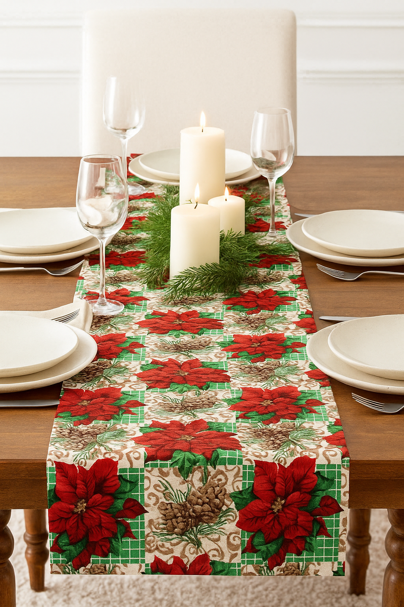 Poinsettia Pine Holiday Plaid Polyester Fabric | Islands Fabric