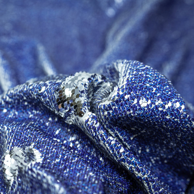 Denim Printed Flip Sequin on Spandex Fabric | Blue Moon Fabrics