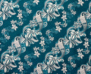 Teal colored Diagonal Hibiscus Plumeria Sea Turtle Swirl Design Peachskin Fabric