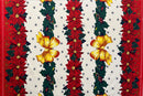 A festive polyester fabric featuring vertical stripes of red poinsettias and green holly leaves, accented with large golden bows on an off-white background.