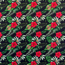 Black/Red colored Hibiscus Plumeria Tropical Leaves All Over Design Cotton Fabric