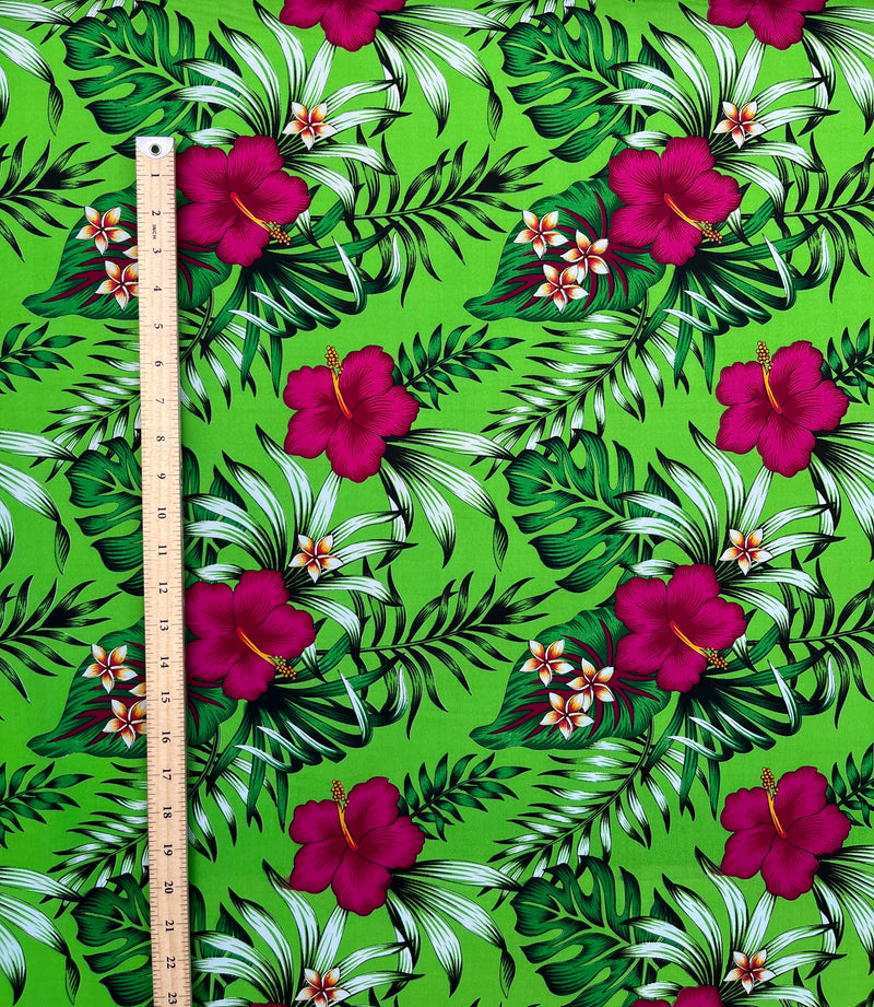 Hibiscus Plumeria Tropical Leaves All Over Design Cotton Fabric | Islands Fabric