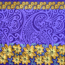 Decorative fabric with gold floral patterns on a purple background