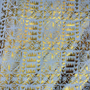 White background with Gold shiny tapa design Polyester Fabric, 1 way sretch fabric 