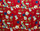 Las Vegas-themed fabric pattern on a red background
