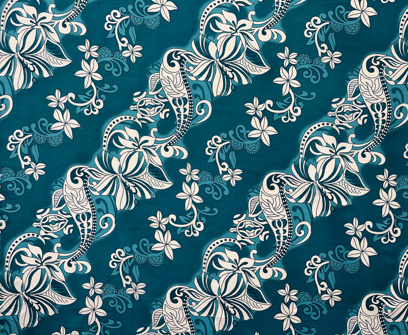 Diagonal Hibiscus Plumeria Sea Turtle Swirl Design Peachskin Fabric| Islands Fabric