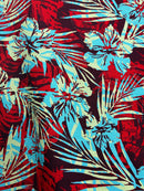 Hibiscus Palm Watercolor Design Cotton Light Barkcloth Fabric | Islands Fabric