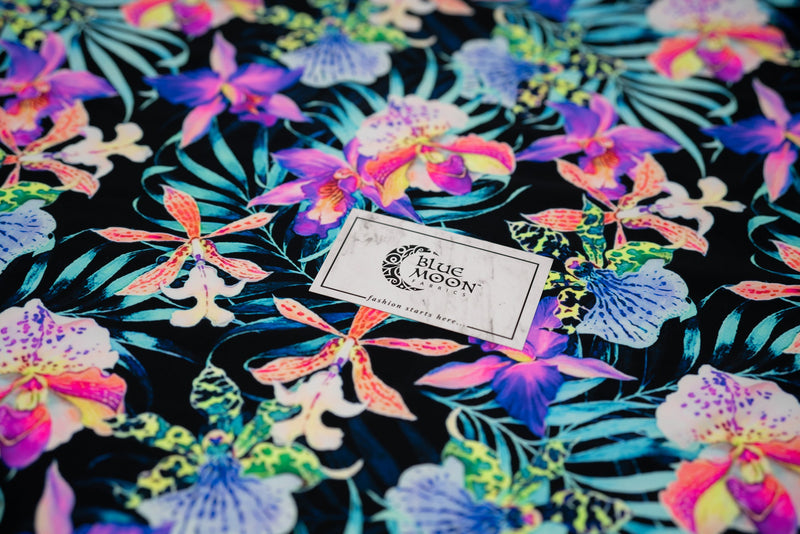 Irises and Palm Fronds Printed Spandex Fabric | Blue Moon Fabrics