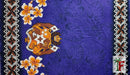 A close-up of a purple fabric featuring a tropical design with embossed monstera leaves, white and orange plumeria flowers, a central coat of arms, and patterned borders on the sides.