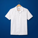 White 100% polyester formal Samoan shirt for men by Islands Fabric, styled to pair with an 'ie faitaga.