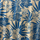 Blue and white Hawaiian hibiscus floral and palm leaf print on 100% rayon fabric.
