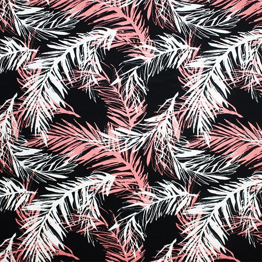 Pink Palms on Black Printed Spandex | Blue Moon Fabrics