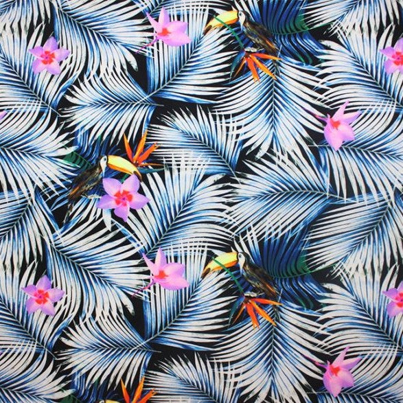 Toucans on Palms Printed Spandex | Blue Moon Fabrics