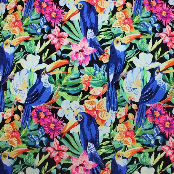 Toucans on Flowers Printed Spandex | Blue Moon Fabrics