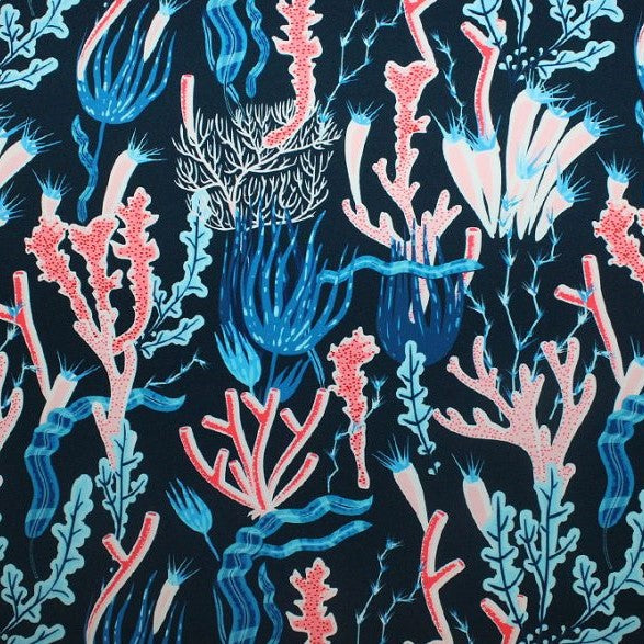 Coral Reef on Navy Printed Spandex | Blue Moon Fabrics