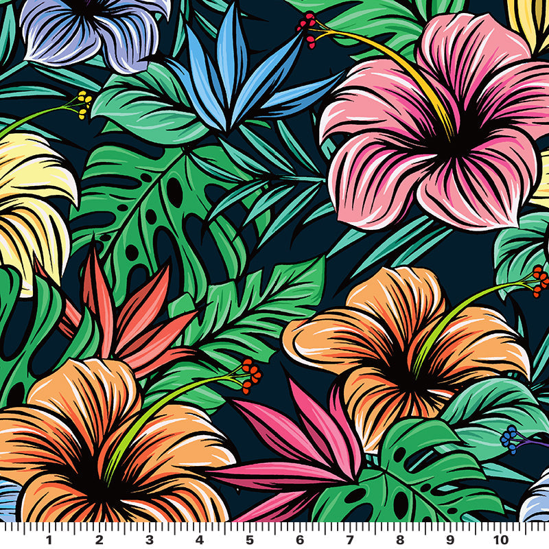 Illustrated Hibiscus and Monstera Printed Spandex Fabric | Blue Moon Fabrics