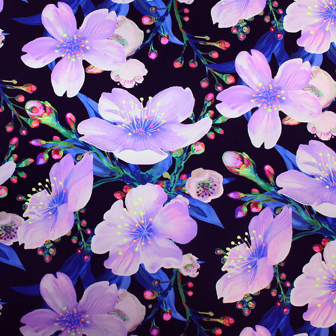 Sakura Blooms at Night Printed Spandex Fabric | Blue Moon Fabrics