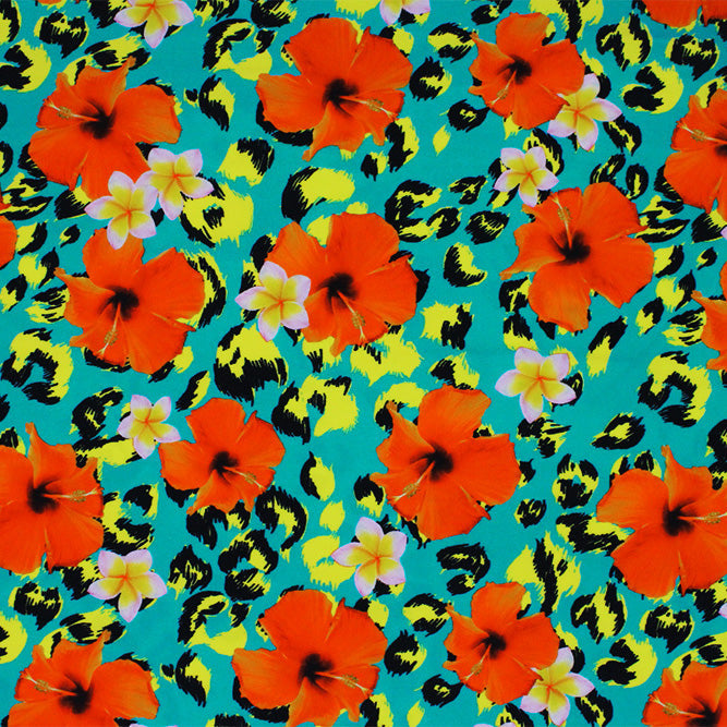 Leopard Hibiscus Printed Spandex Fabric | Blue Moon Fabrics