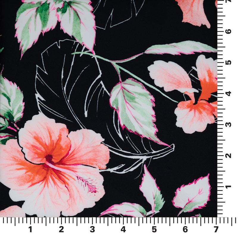 Hibiscus Flowers on Black Printed Spandex Fabric | Blue Moon Fabrics