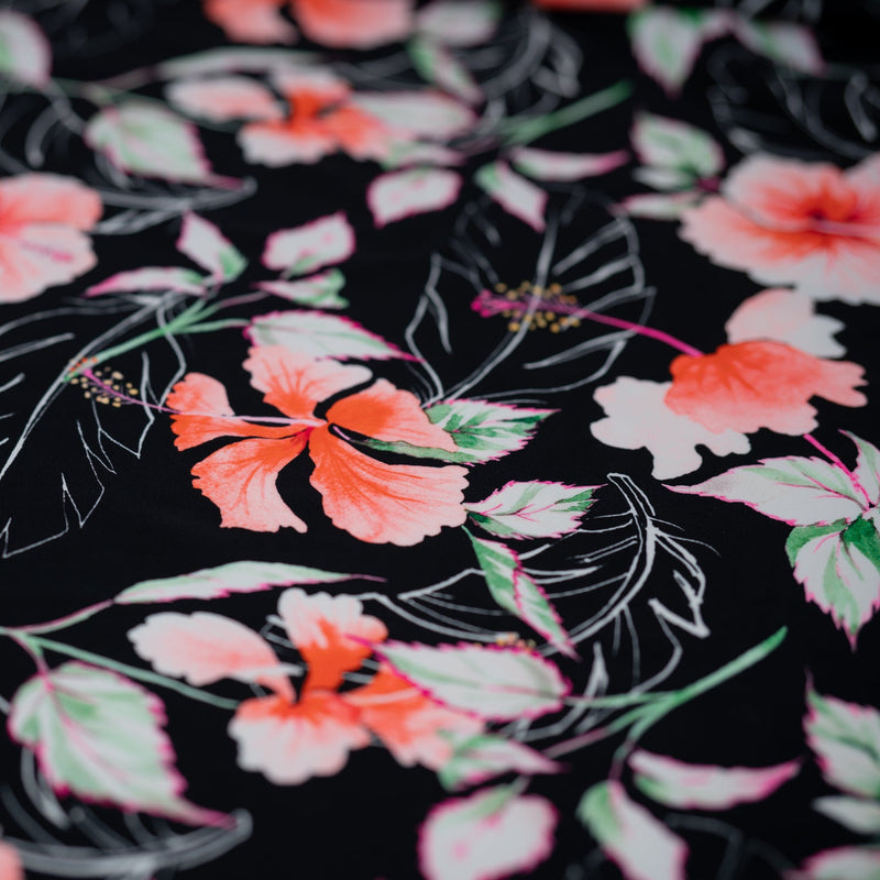 Hibiscus Flowers on Black Printed Spandex Fabric | Blue Moon Fabrics