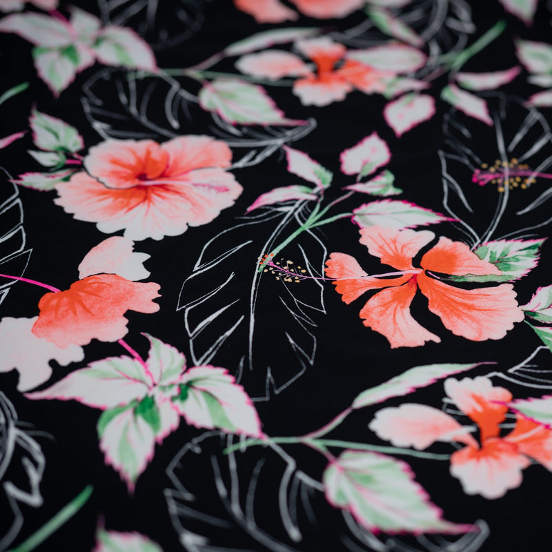 Hibiscus Flowers on Black Printed Spandex Fabric | Blue Moon Fabrics