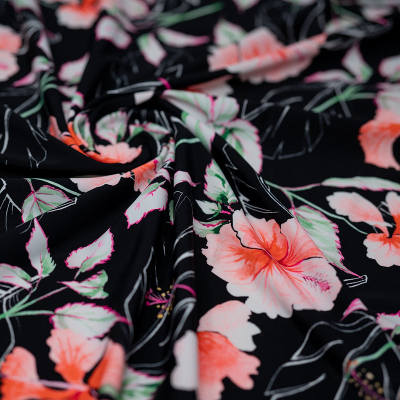 Hibiscus Flowers on Black Printed Spandex Fabric | Blue Moon Fabrics