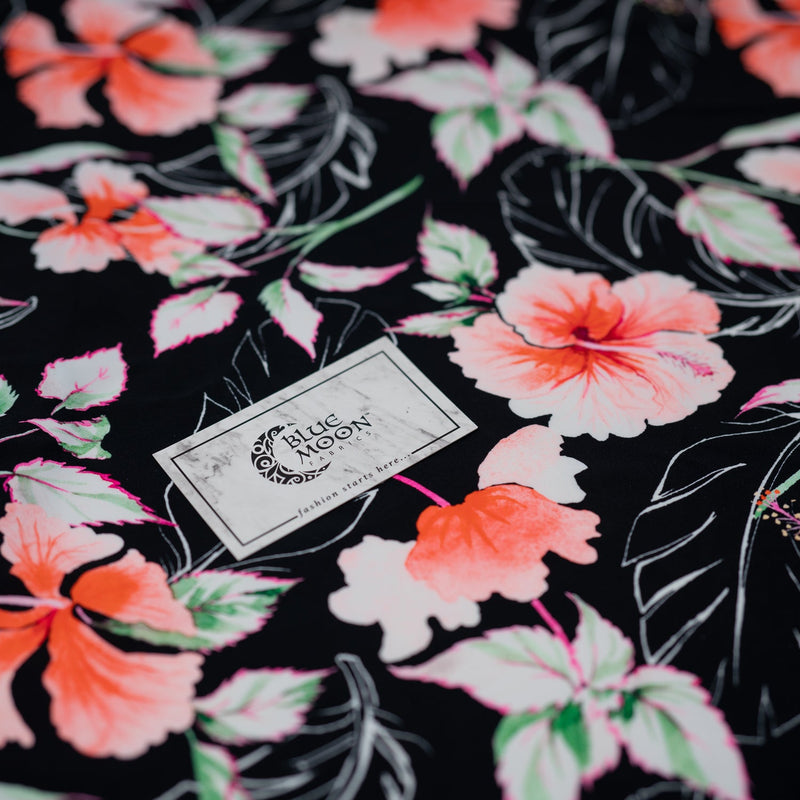 Hibiscus Flowers on Black Printed Spandex Fabric | Blue Moon Fabrics