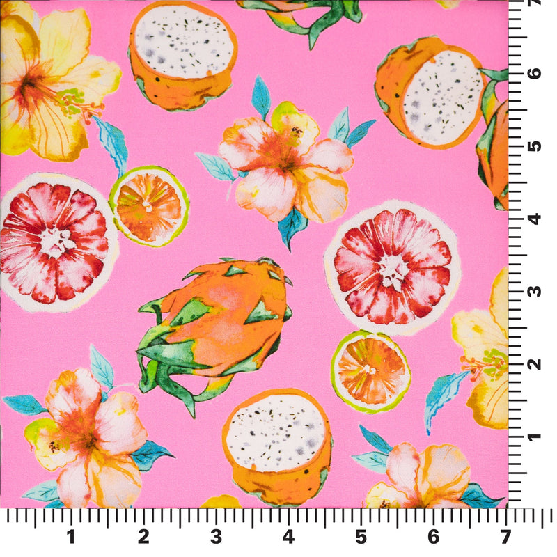 Exotic Fruits and Yellow Hibiscus Flowers on Pink Printed Spandex Fabric | Blue Moon Fabrics