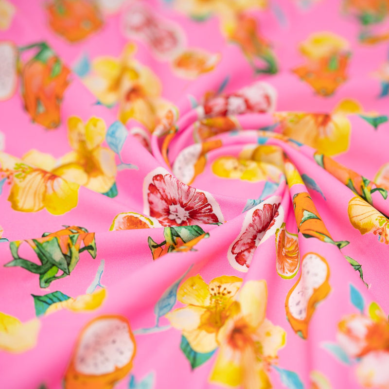 Exotic Fruits and Yellow Hibiscus Flowers on Pink Printed Spandex Fabric | Blue Moon Fabrics