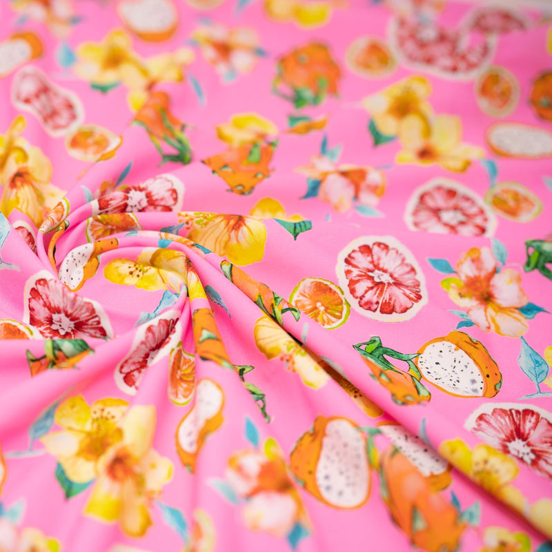 Exotic Fruits and Yellow Hibiscus Flowers on Pink Printed Spandex Fabric | Blue Moon Fabrics