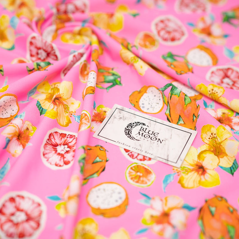 Exotic Fruits and Yellow Hibiscus Flowers on Pink Printed Spandex Fabric | Blue Moon Fabrics