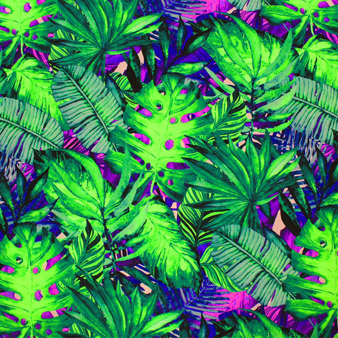 Mixed Palm Leaves Fluorescent Ground Printed Spandex Fabric | Blue Moon Fabrics