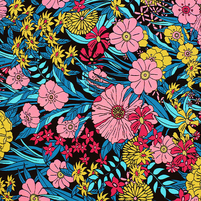 Ballistic Cartoon Flowers Printed Spandex Fabric | Blue Moon Fabrics