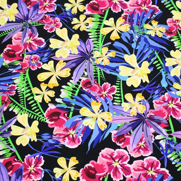 Hawaiian Flowers and Fronds Printed Spandex | Blue Moon Fabrics