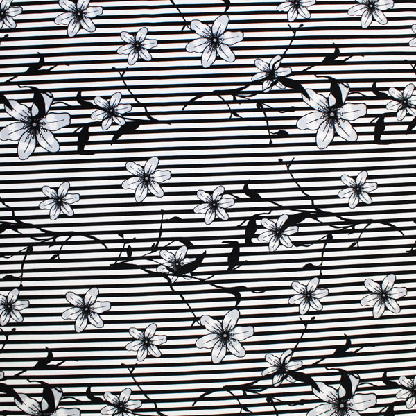 Striped Floral Black White Printed Spandex | Blue Moon Fabrics