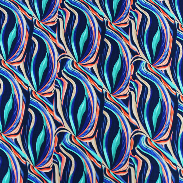 Orange and Navy Swirls Printed Spandex | Blue Moon Fabrics