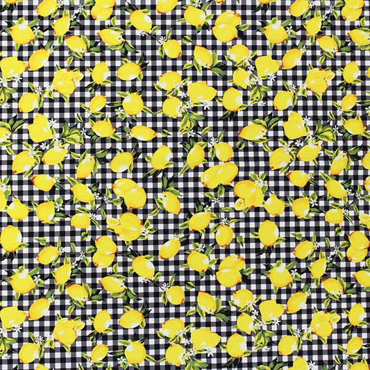 Lemons Black Gingham Printed Spandex | Blue Moon Fabrics