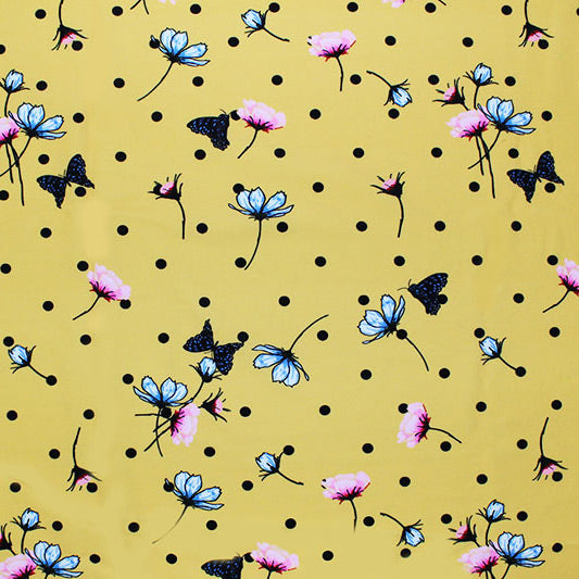 Yellow Polka Dot Butterfly Printed Spandex | Blue Moon Fabrics