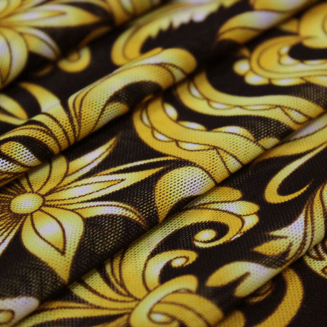 Gold Black Baroque Printed Power Mesh Fabric | Blue Moon Fabrics