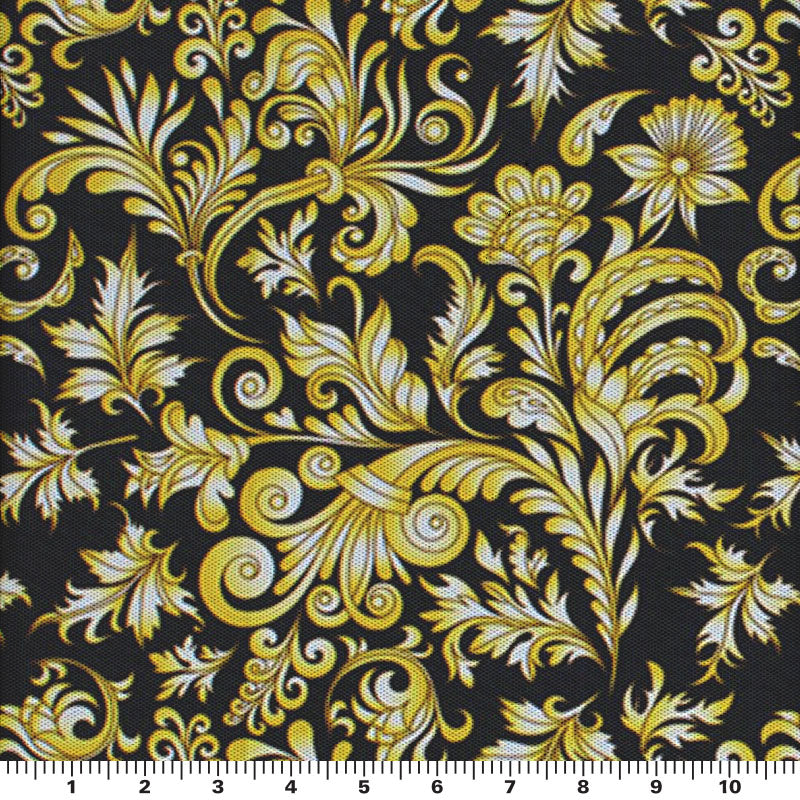 Gold Black Baroque Printed Power Mesh Fabric | Blue Moon Fabrics