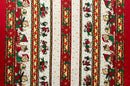A festive Christmas polyester fabric featuring a vertical striped pattern. The design includes rows of playful teddy bears in winter hats and scarves, vibrant red poinsettias with green holly leaves, and delicate gold stars on an ivory and white background.
