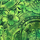 Green fabric with a poynesian tattoo print and a large floral design