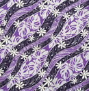 "Polynesian-inspired fabric featuring a repeating wave-like pattern in shades of purple and dark navy, detailed with white Tiare (gardenia) flowers and purple Monstera leaves over intricate traditional tattoo-style geometric motifs."