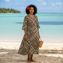 Woman wearing the Traditional Polynesian Geometric design Fabric as a dress.