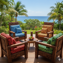 An outdoor tropical seating area featuring four carved wooden chairs with colorful cushions in red, blue, green, and orange, all showcasing a traditional Polynesian tattoo swirl print.