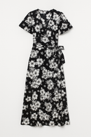 Tropical Floral Rayon Challis Midi Wrap Dress in Black and White Hibiscus Print for summer fashion.