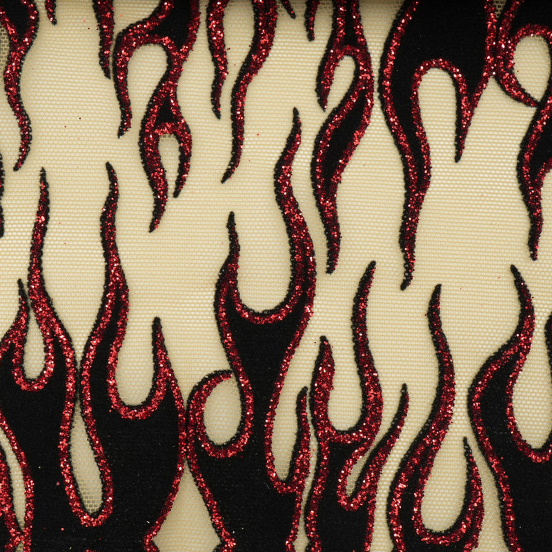 Fiery Glittered Flocked Stretch Mesh Fabric | Blue Moon Fabrics