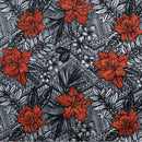 Orange colored All Over Tropical Flowers & Leaves Polyester Fabric