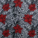 Red colored All Over Tropical Flowers & Leaves Polyester Fabric